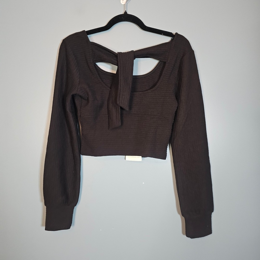 NWT Band of the Free Black Ribbed Long Sleeve Cutout Bow Back Crop Top Women's M